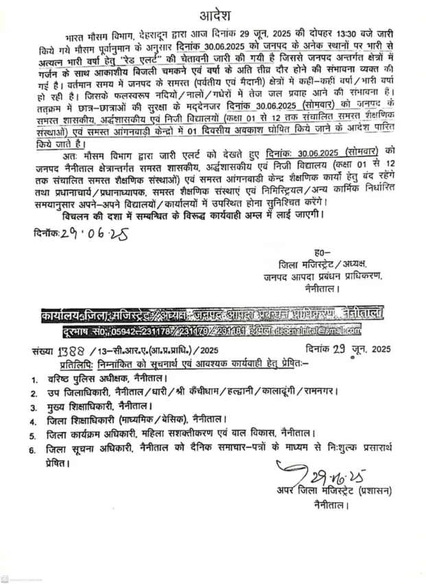 रेड अलर्ट जारी: नैनीताल में भारी बारिश के चलते 30 जून को सभी स्कूल बंद