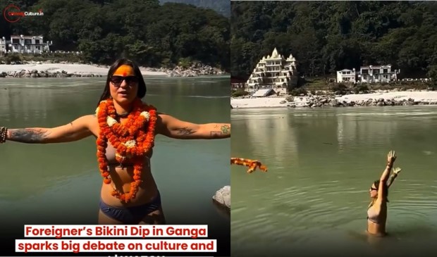 Video: गंगा में बिकिनी पहनकर विदेशी महिला ने लगाई डुबकी, पहनावे पर उठे सवाल
